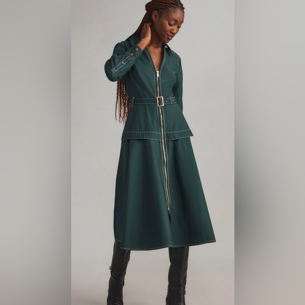 By Anthropologie Long-Sleeve Belted Front-Zip Midi Dress